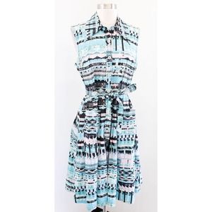 Plenty by Tracy Reese Blue Printed Tie Waist Button Front Shirt Dress size 6